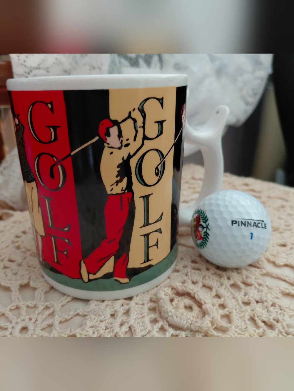 Spinners Golf Ceramic Mug - White with Red and Black Golfing Design Drpartment56
